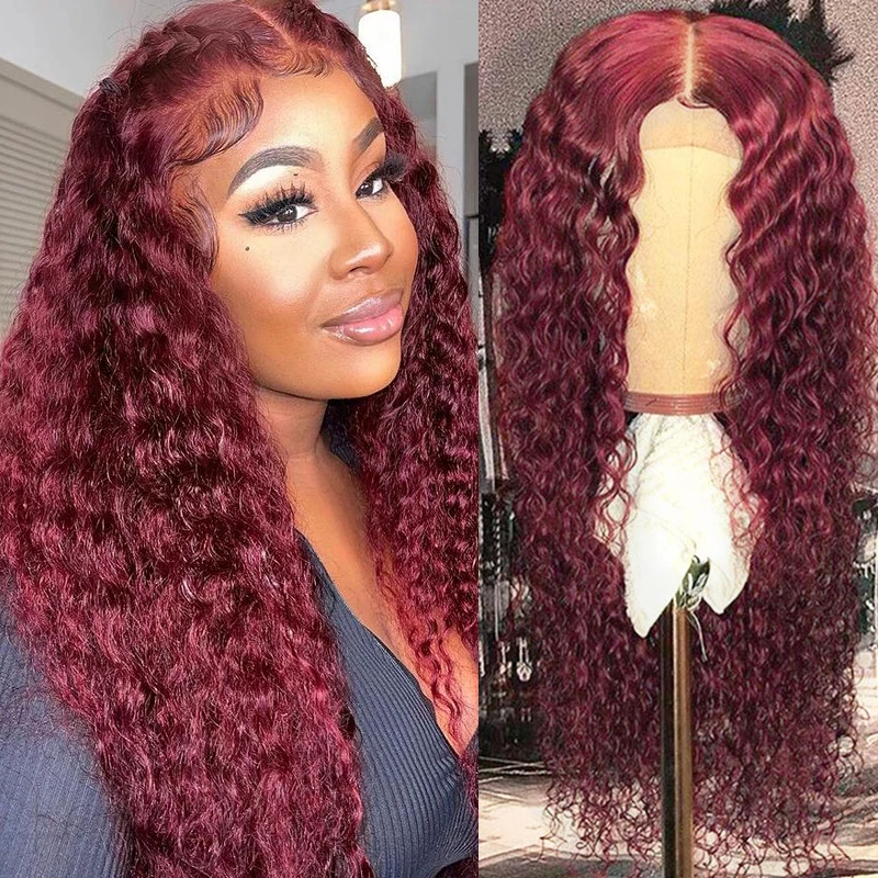 

Парики из человеческих волос с водной волной, предварительно выщипанные # 99J, бордовые, на шнуровке, передние парики из перуанских человечес...