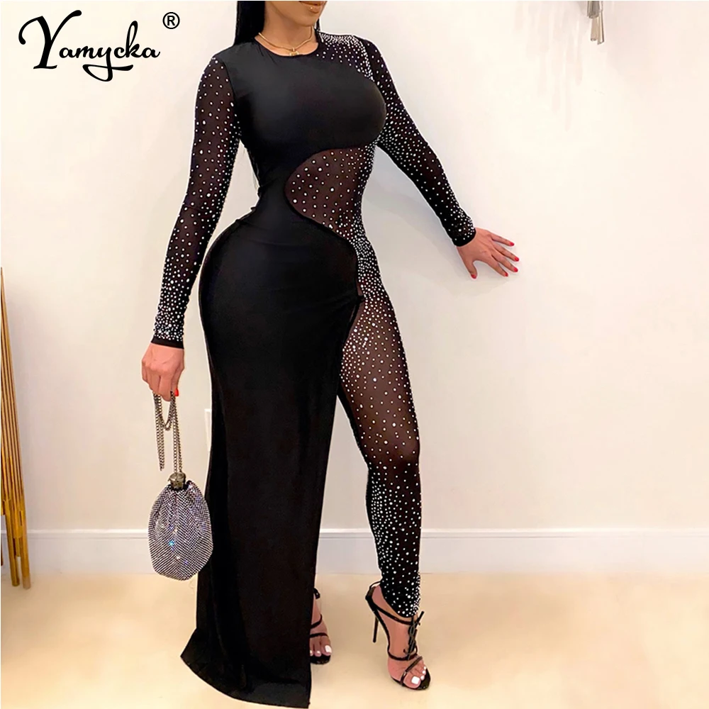 

Sexy See Through black Sequin bodycon maxi summer dress jumpsuit women Long Sleeve club party dress long evening dresses vestido