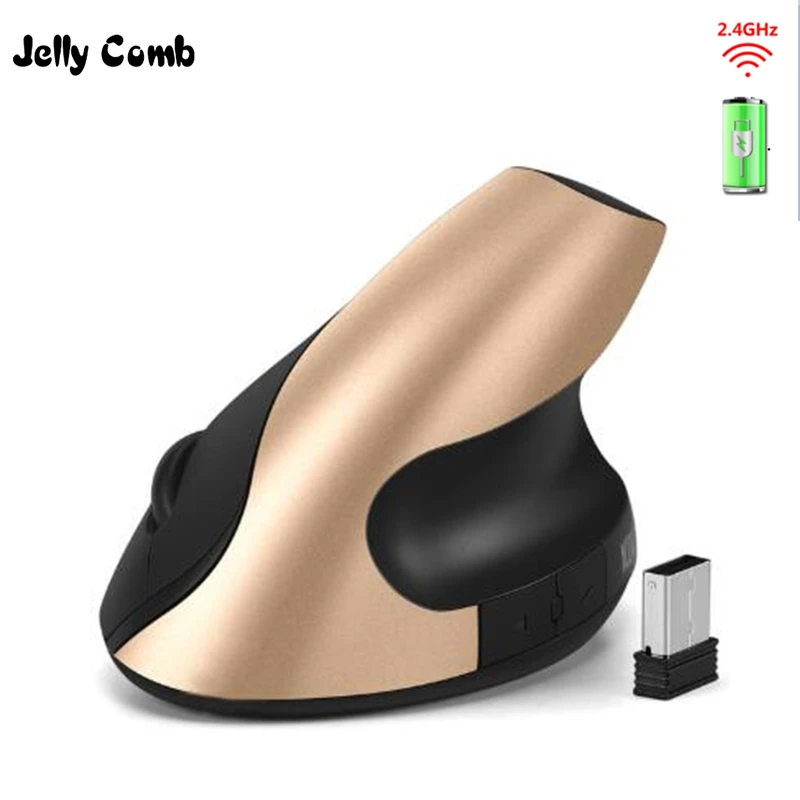 

Jelly Comb Rechargeable Ergonomics Mouse 2.4G Wireless Vertical 6 Buttons 1600DPI Adjust Battery Mouse for Laptop PC Black Gold