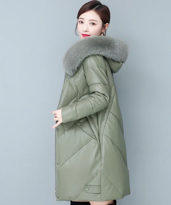 

Leather down jacket sheepskin fashion medium length Korean loose large leather jacket 2021 NEW