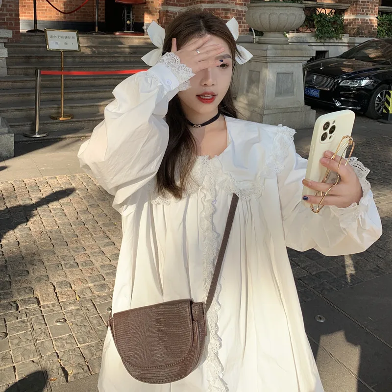 

Doll Collar Shirt Women's Clothing Design Sense Niche French Retro Lace Long Sleeve Top Clothes 2021 New Spring and Autumn