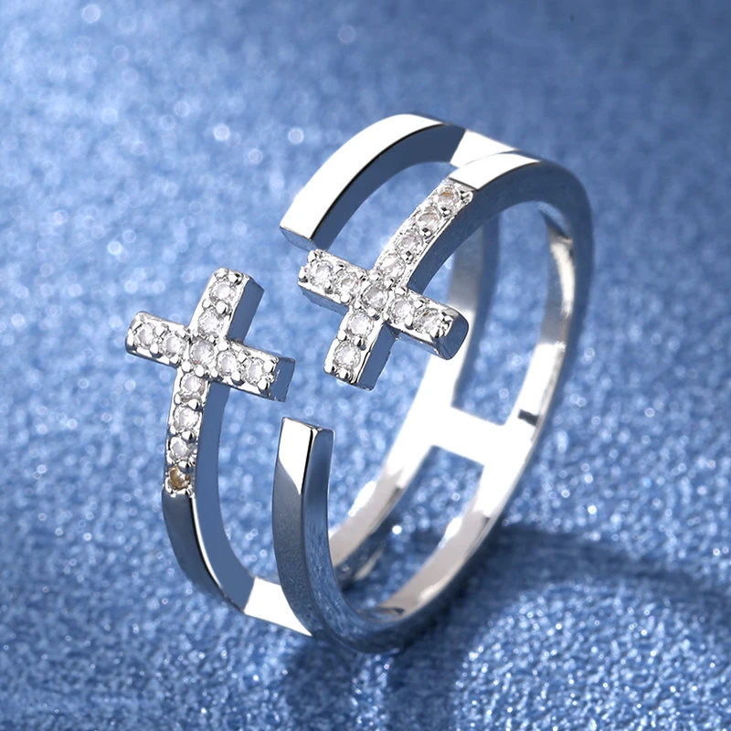 

Simple Irregular Design Adjustable Open Double Layer Cross Ring Silver Color Women's Rings Jewelry Accessories Gifts
