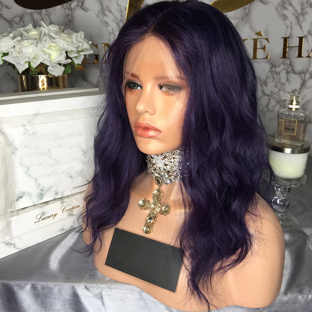 JRX волосы длинные натуральные волны темно фиолетовый цвет кружева передние