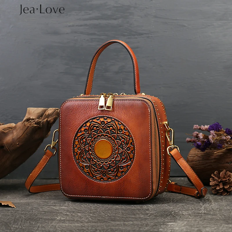 

Jea Love Leather Handbags New First Layer Cowhide Women's Handbags Embossed Retro One-shoulder Messenger Small Square Bag