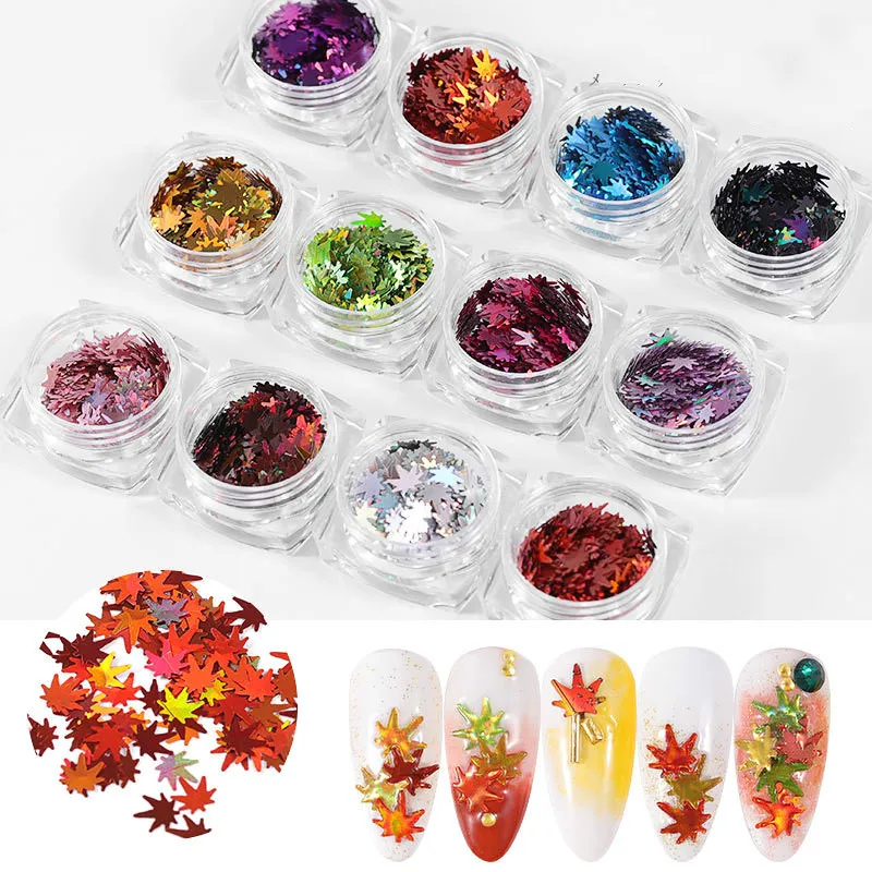 

12pcs/lot Mirror Maple Leaf Flake Nail Glitter Holographic Paillette Chameleon Sequins Gradient Autumn Polish Manicure Decor Set
