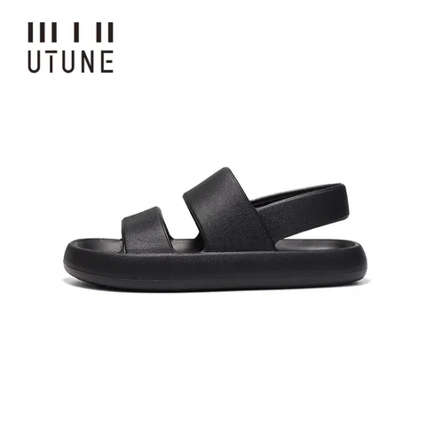 Sandálias masculinas UTUNE Plataforma de verão Sapatos mulheres praia fora de Eva Slippers Man macio espesso espesso slides internos não deslizantes Cool preto