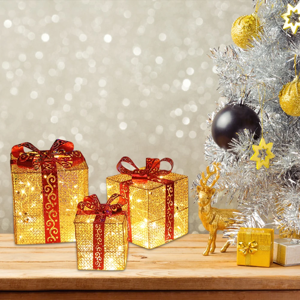 

3pcs/Set Christmas Gift Boxes with LED Lights Wrought Iron Luminous Ornaments Holiday New Year Xmas Gifts Party Home Decoration