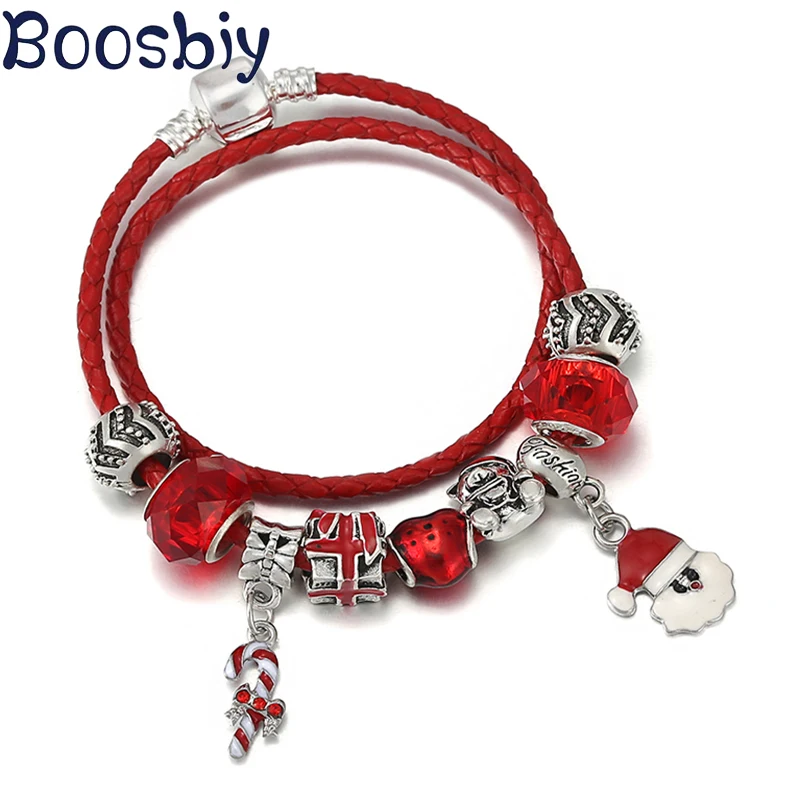 Новый дизайн 2021 красный кожаный браслет с подвесками в виде Санта Клауса DIY