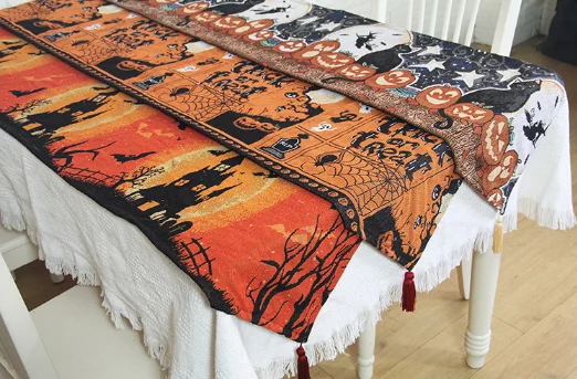 

Halloween Bat Table and Flag Dinner Mat Funny Pumpkin Tablecloth Party Home T / C Printing with Tassels Decorative Table Flag