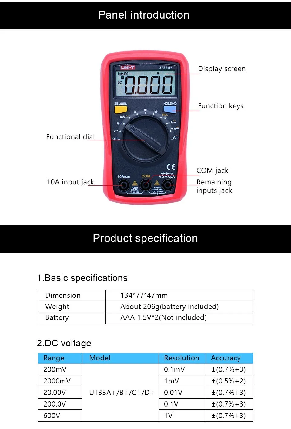 Цифровой мультиметр UNI-T UT33A+/B+/C+/D+ размер ладони Авто Диапазон AC/DC напряжение DC ток тест er NCV/диод тест/непрерывность зуммер