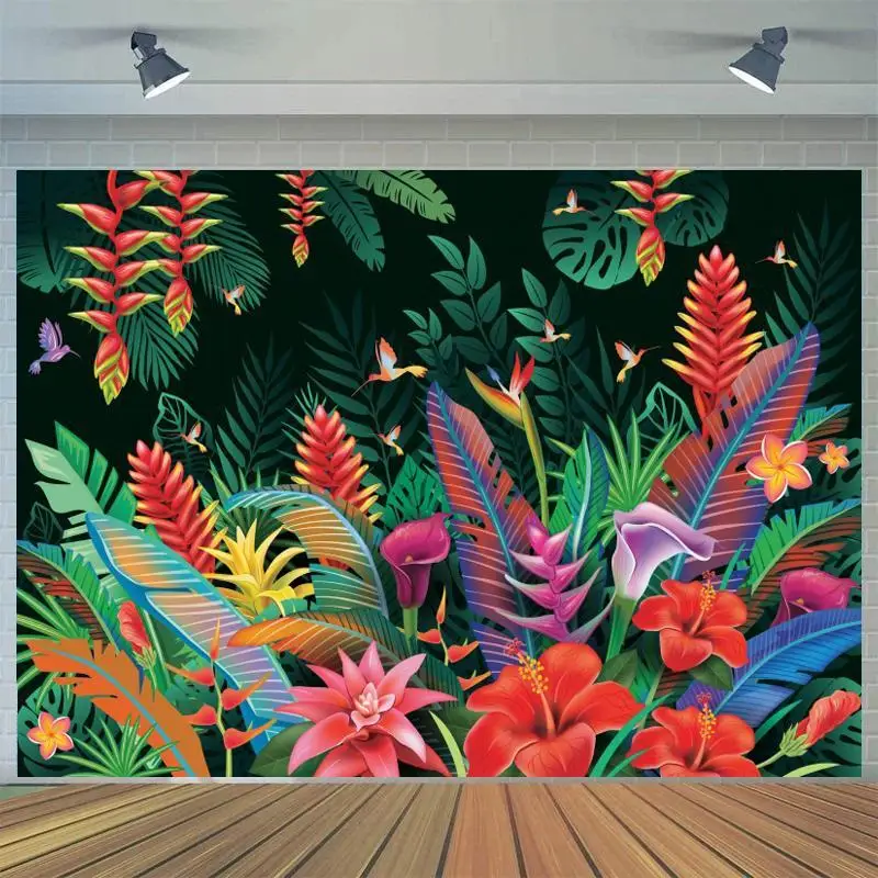 

Cartoon Colorful Summer Tropical Party Backdrops Decor Palms Tree Leaves Kids Birthday Wedding Poster Photography Background