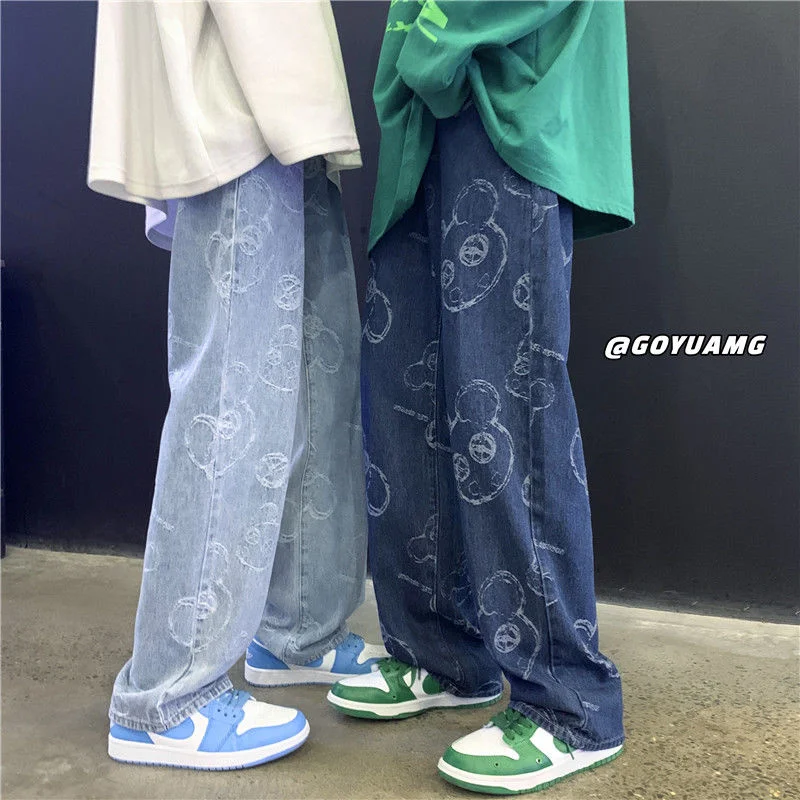 

Новинка сезона осень 2021, Модные свободные прямые повседневные уличные джинсы PR с принтом медведя, корейские брюки в стиле хип-хоп