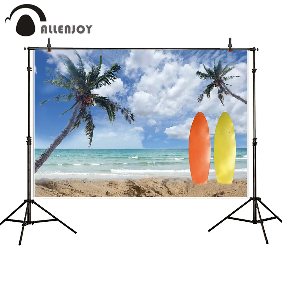 

Allenjoy photophone backdrops Coconut tree summer sky beach clouds sand holiday surfboard photography backgrounds photocall