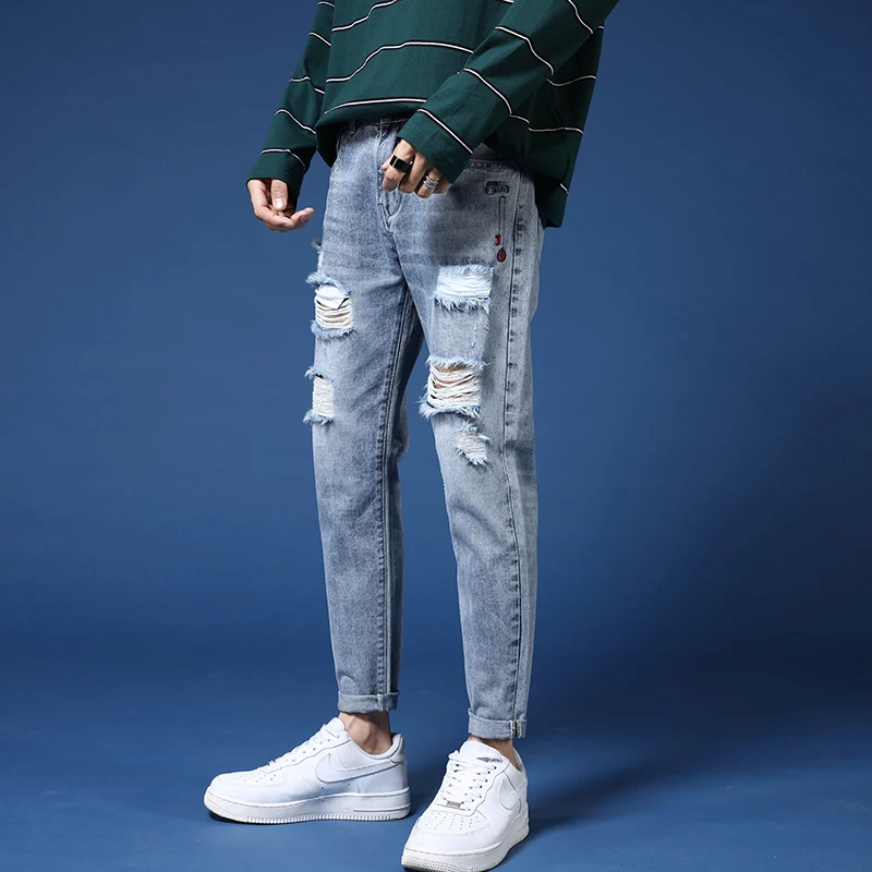 

Брюки мужские рваные джинсовые, стильные штаны с дырками, узкие прямые брюки из денима