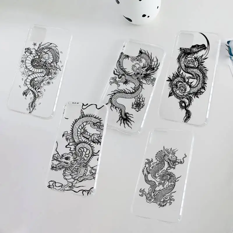 

Dragon black line chinese style Phone Case Transparent soft For iphone 12 11 13 7 8 6 s plus x xs xr pro max mini