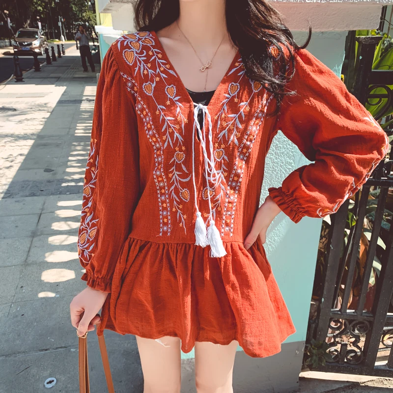 Новинка 2020 Винтажные льняные топы женская рубашка с пышными рукавами и v образным