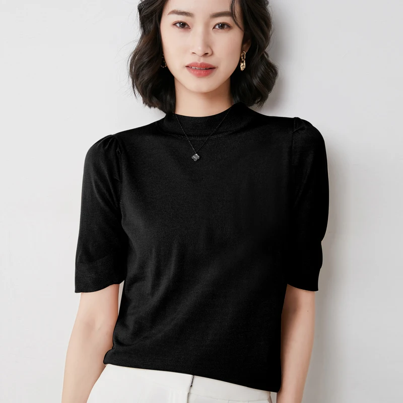 

Zocept Summer Women's Half-High Neck Short-Sleeved Sweater Wool Blend Knitting Solid Color All-Match T-Shirt Thin Pullover Tops