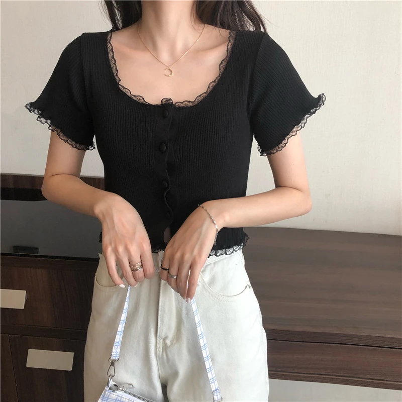 

Stretchy Ruffle Sleeve Crop Top Women 2021 Summer Button Blue Tight Rib-knitted Plain Sexy T-shirt Dropshipping