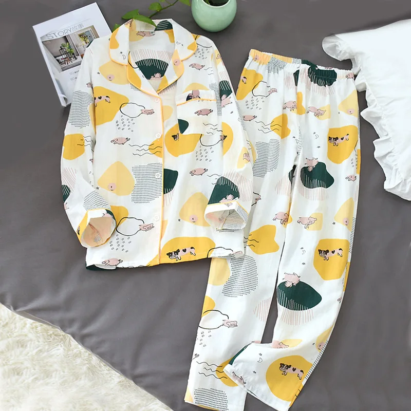 

Spring autumn Pajamas Set Women Pure Cotton Gauze Cartoon Long Sleeve Sleepwear Female Loose Comfy Two Piece Set Summer Homewear