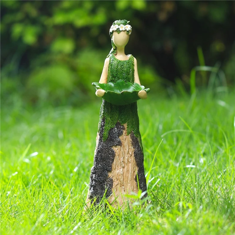 

Forest Fairy Statue with Bird Feeder Leaf Shaped Hummingbird Seed Bowl Resin Figurine Sculptures Patio Garden Decoration