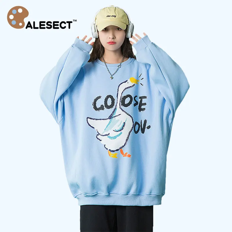 

CALESECT 2022 Goose Hoodie Oversized Women Sweatshirt Streetwear Cute Cartoon Kawaii Duck Harajuku Unisex Men Pullover Hooded