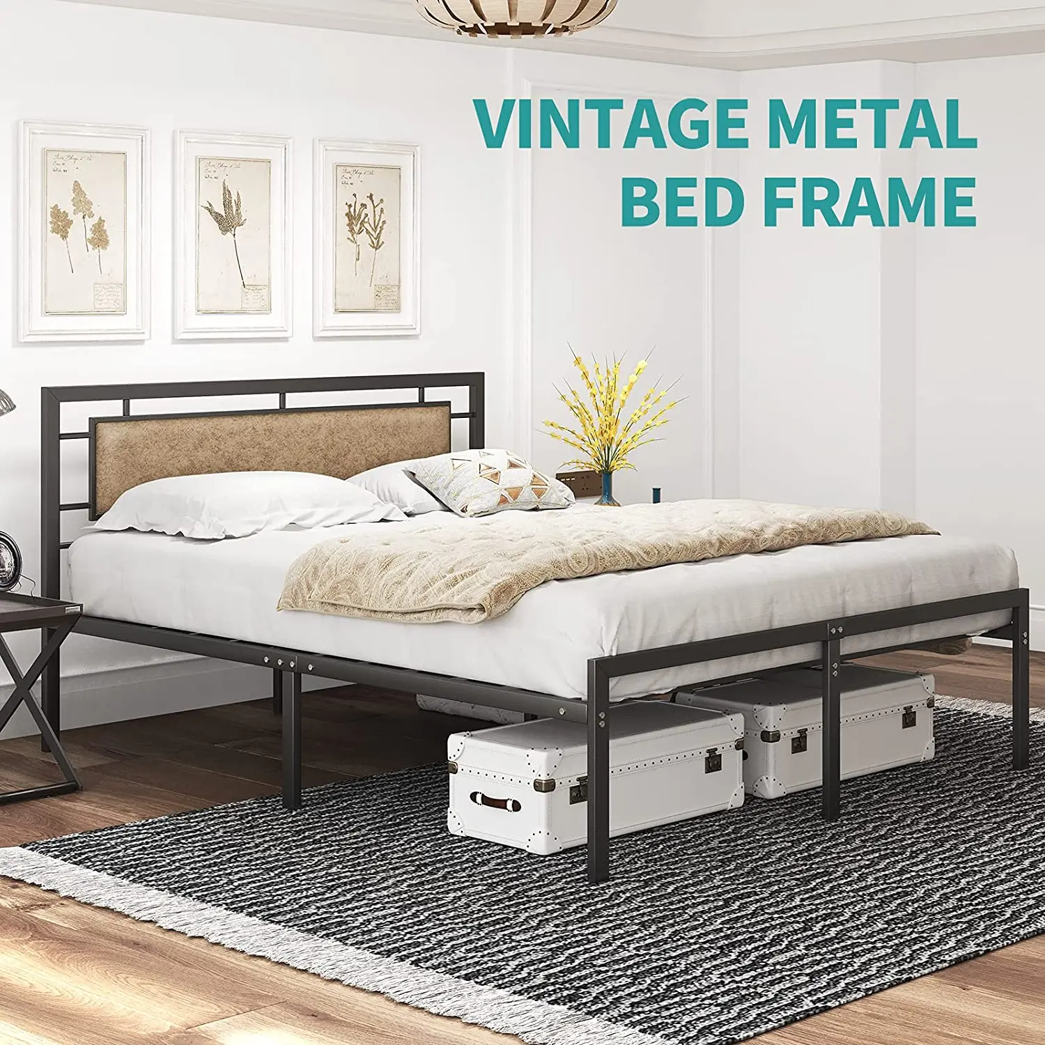 With Upholstered Faux Leather Headboard Vintage Rustic Brown Style Platform Mattress Foundation