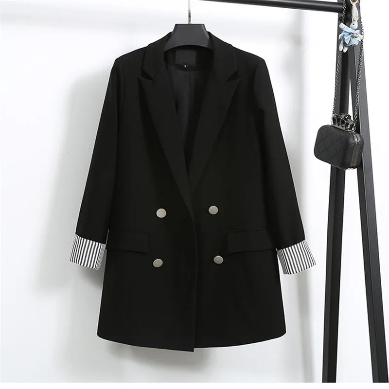 

Женский хлопковый пиджак, черный пиджак на двух пуговицах, в полоску, средней длины, в Корейском стиле, осень-весна, костюм с вытачками