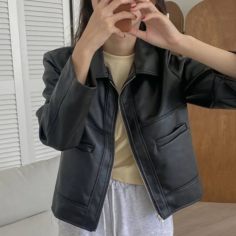 Женская кожаная куртка на молнии с длинным рукавом | одежда