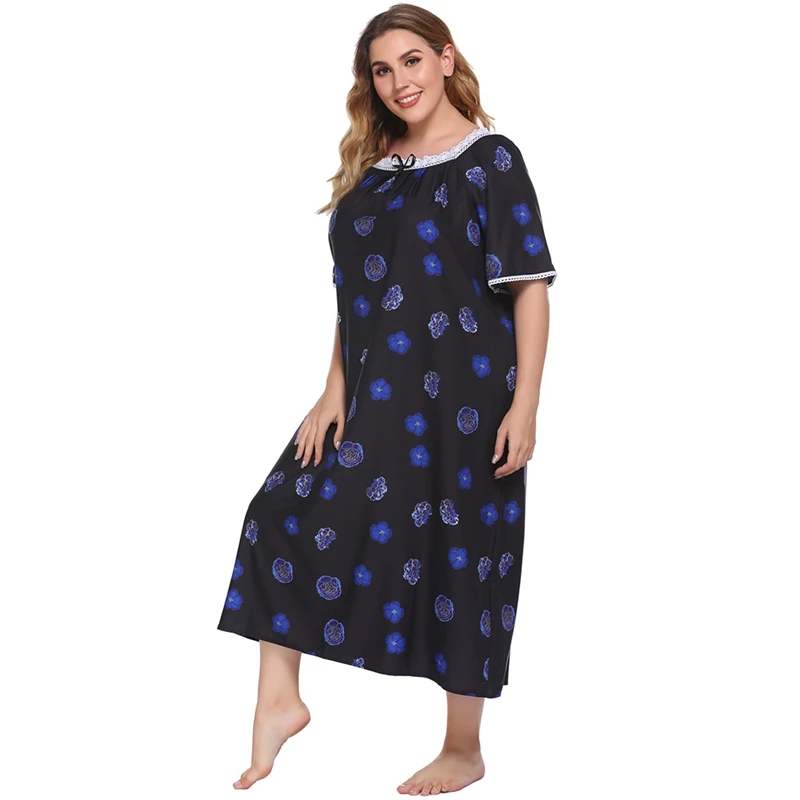 

Casual Loose Female Nightdress Spring Autumn Ladies Short-Sleeved Printed Flowers Nightgowns