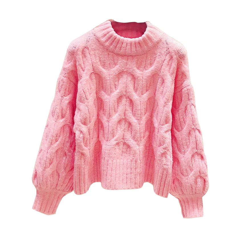 Женский вязаный свитер плотный Теплый розовый с круглым вырезом повседневный