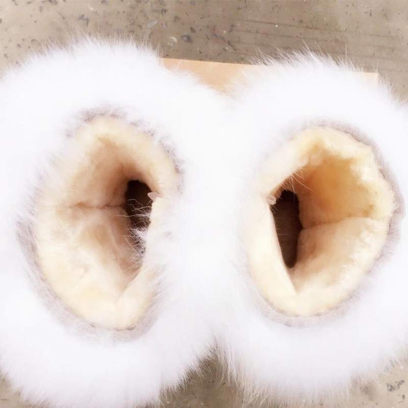 

Real Fox Fur Boots Womens Genuine Leather Cowhide Winter Boots Handmade Rhinestone Winter Shoes Women Snow Boots