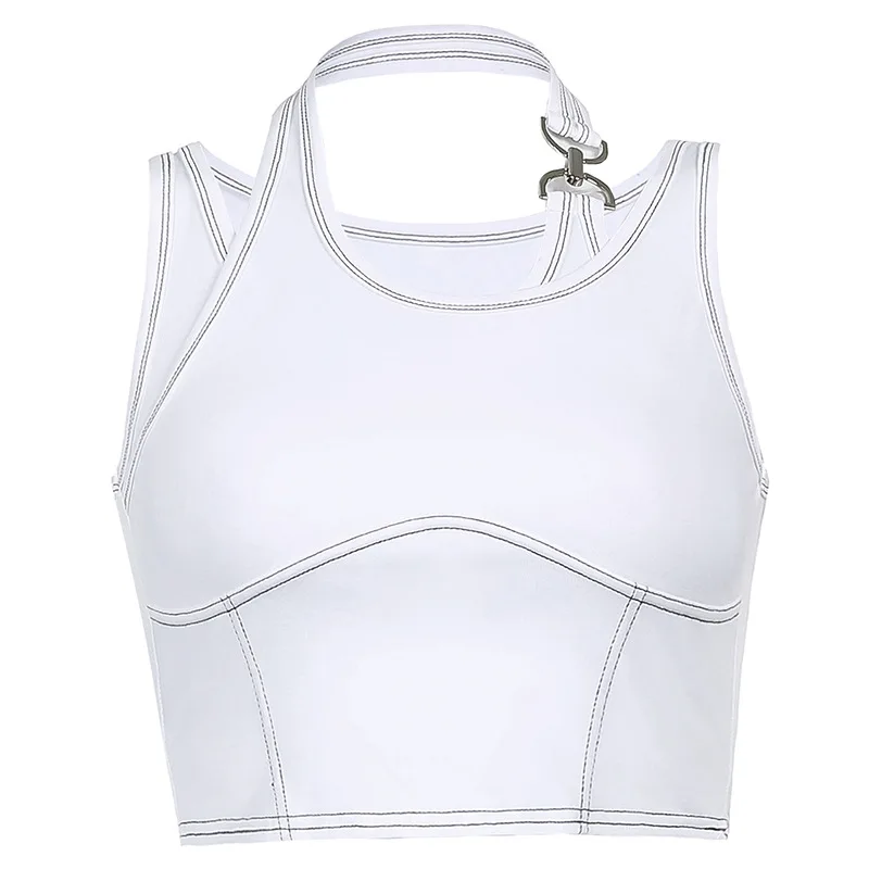 

Fashion personality line contrast color slim navel metal buckle neck vest jacket women 2021 new