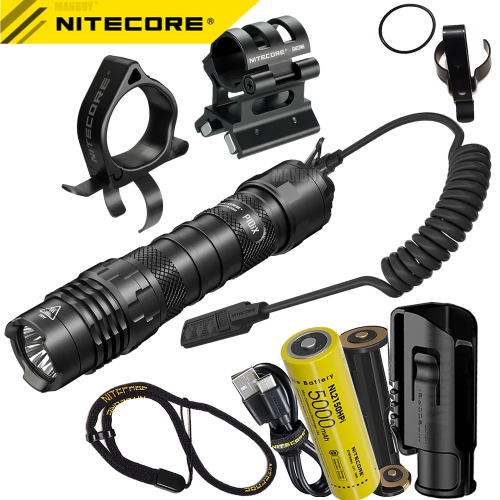 Pаспродажа 2021 перезаряжаемый фонарик Nitecore P10iX + тактическое кольцо NTR10 + дистанционный переключатель RSW2i + крепление GM02MH + аккумулятор 21700 + кобура NTH10 Цена 2021 перезаряжаемый фонарик Nitecore P10iX + тактическое кольцо NTR10 + дистанционный переключатель RSW2i + крепление GM02MH + аккумулятор 21700 + кобура NTH10