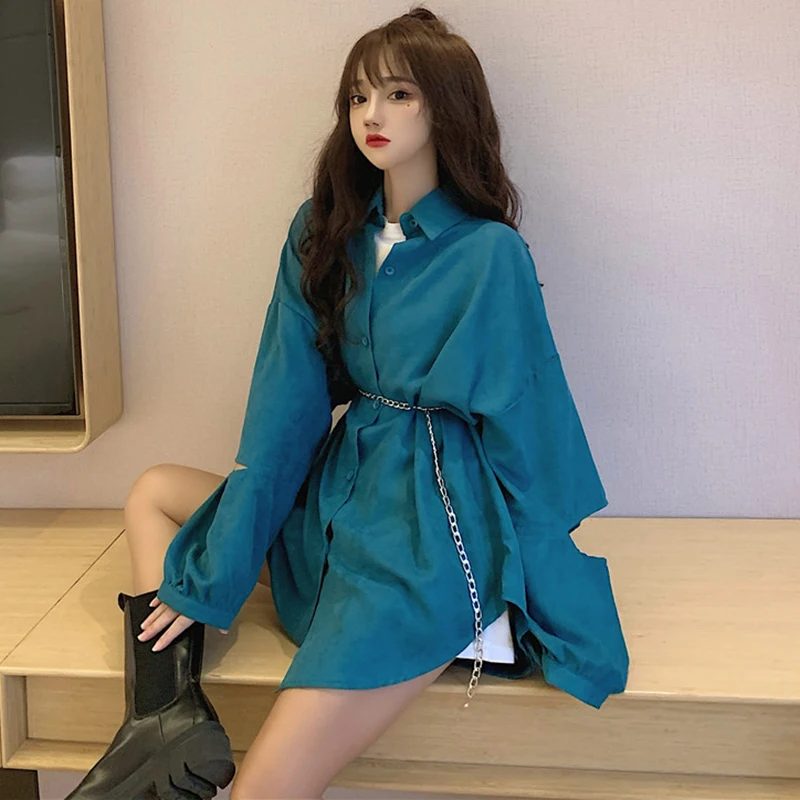 

Spring 2021 New Design Sense Niche Mid-Length Leisure Corduroy Shirt Women's Hong Kong Style Chic Long-Sleeved Shirt