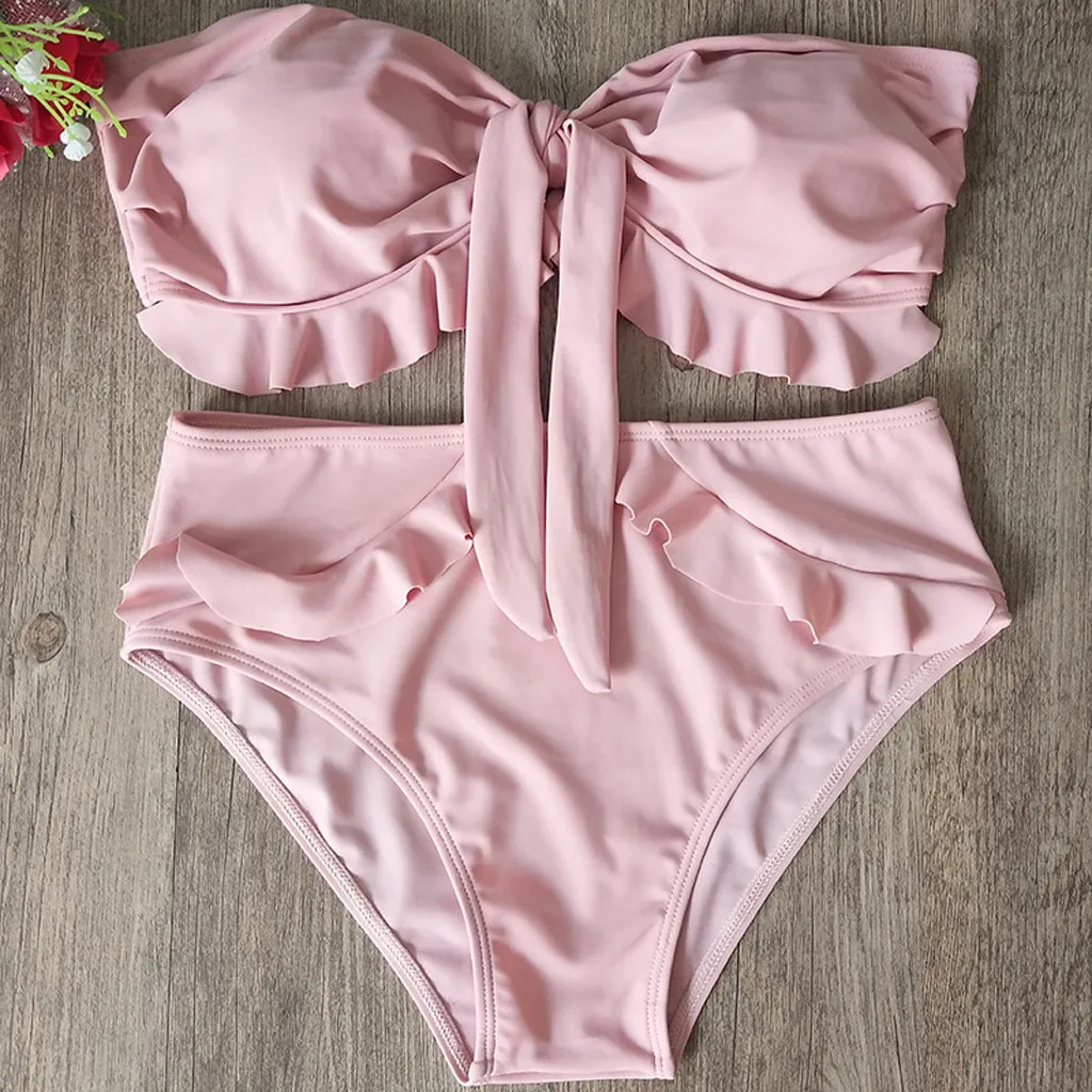 Купальник женский однотонный пикантный раздельный комплект бикини с оборками и