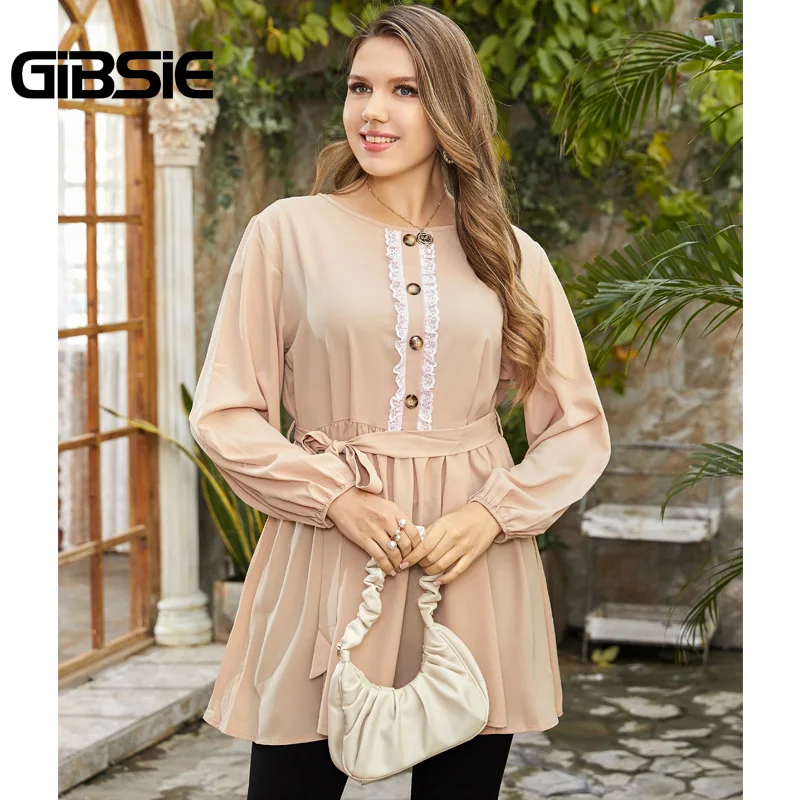 

GIBSIE 2021 Spring Button Front Lace Patchwork Pleated Shirts Blouses Women Plus Size O-Neck Long Sleeve Elegant Belted Blouse