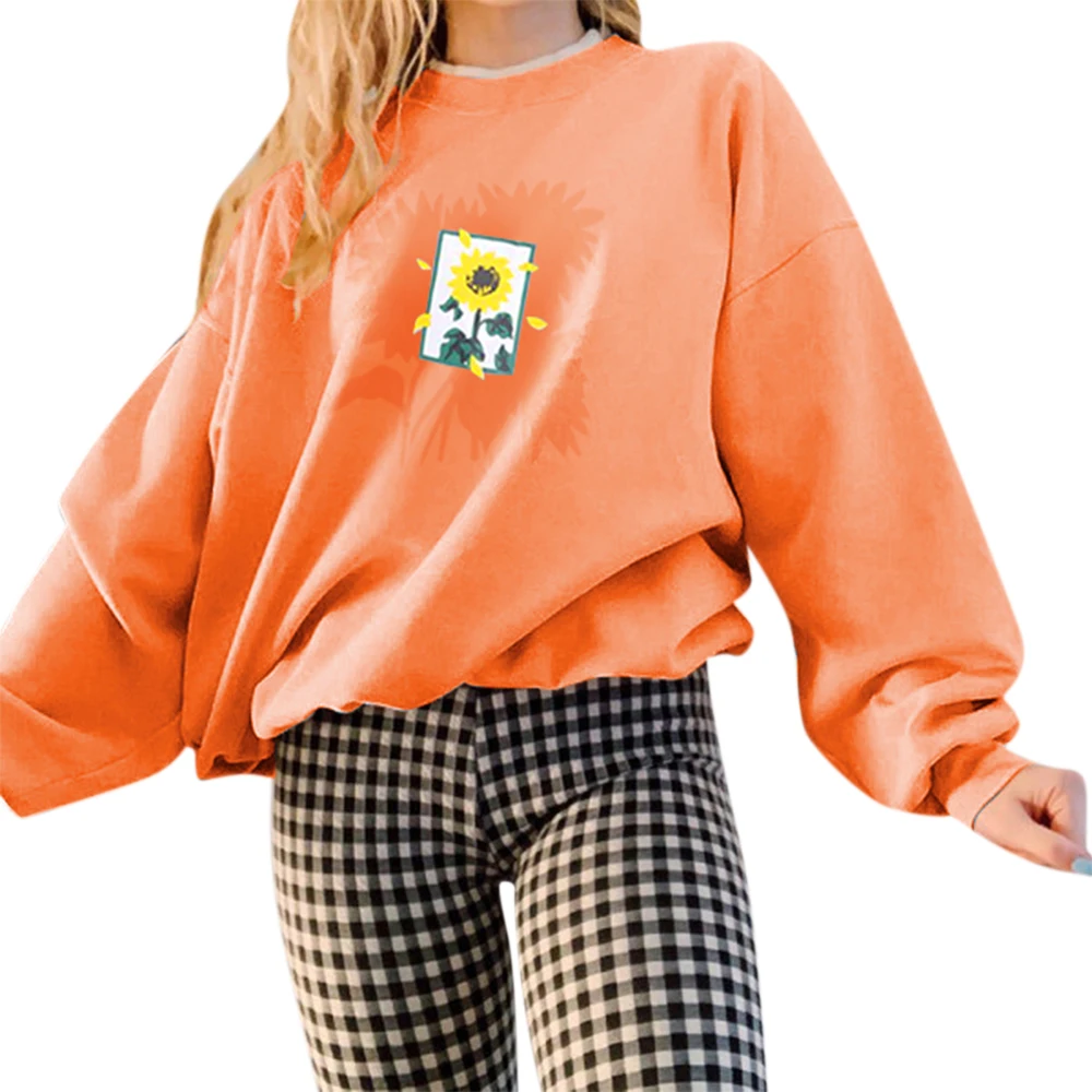 Sunflower Printed Women Pullovers Candy Color Long Sleeve Round Collar Clothes Tops Casual Girl Korean Style Sweetshirts