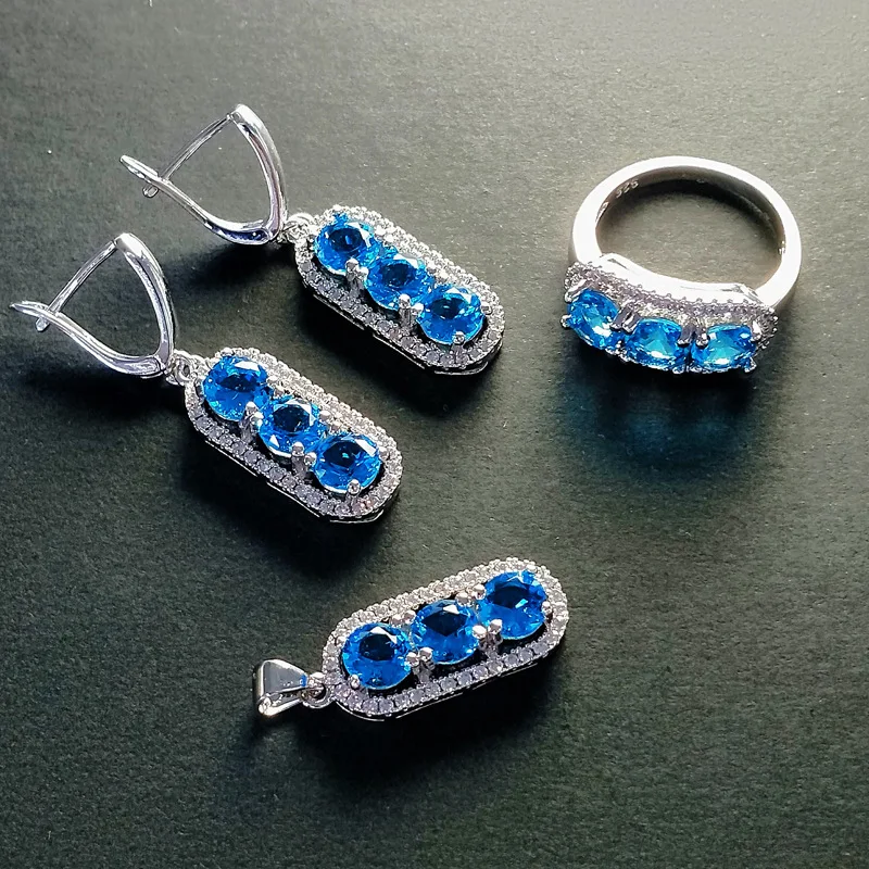 Bague Ringen, геометрическое серебро 925, ювелирные наборы для женщин, сапфир, рубин, аметист, изумруд, кольцо с камнями, серьги, ожерелье, вечерние