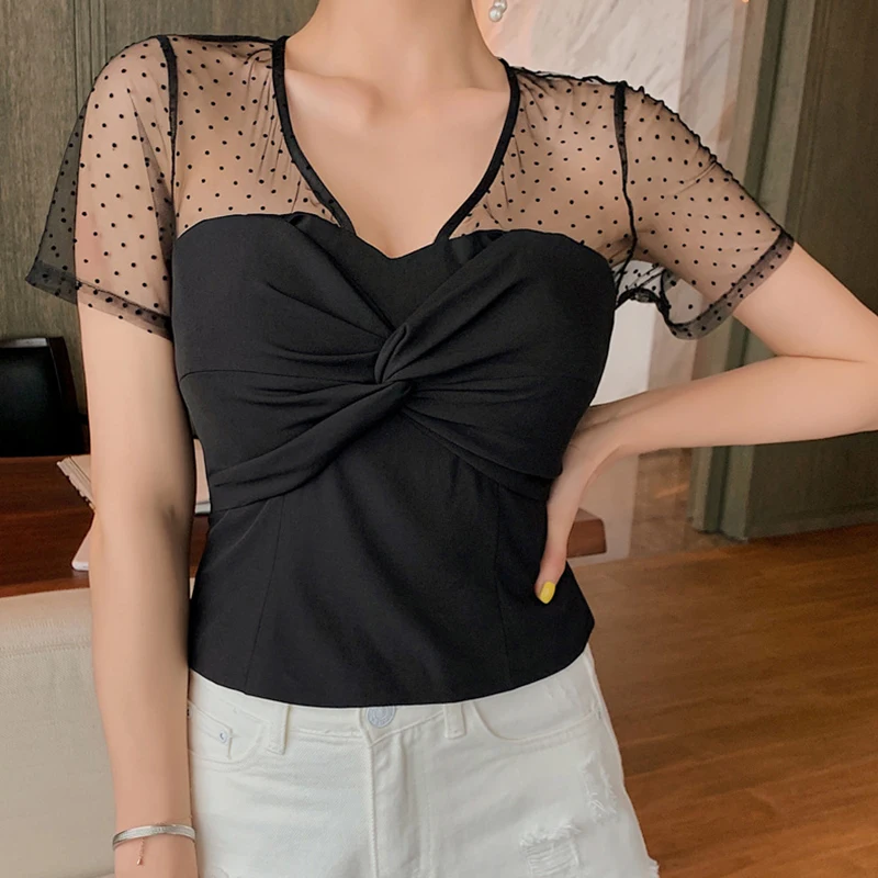 

new arrival fashion black short tops women summer casual v-neck short sleeve sexy perspective temperament simple wild basic tops