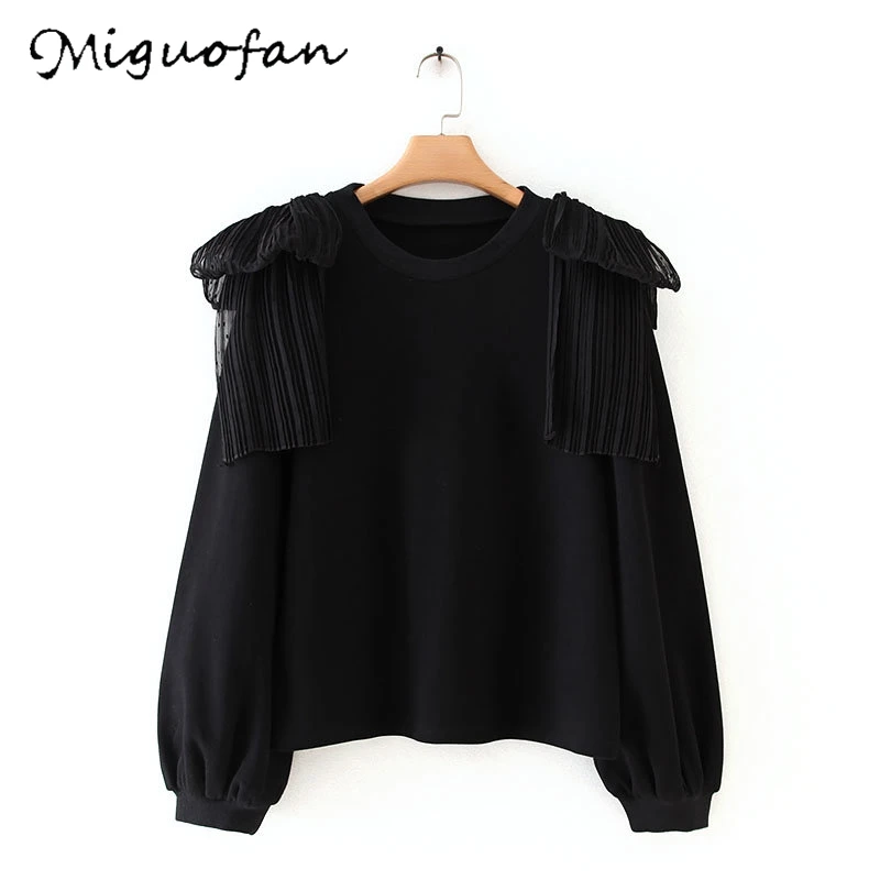 Miguofan женские толстовки черные Лоскутные с оборками длинным рукавом соединением