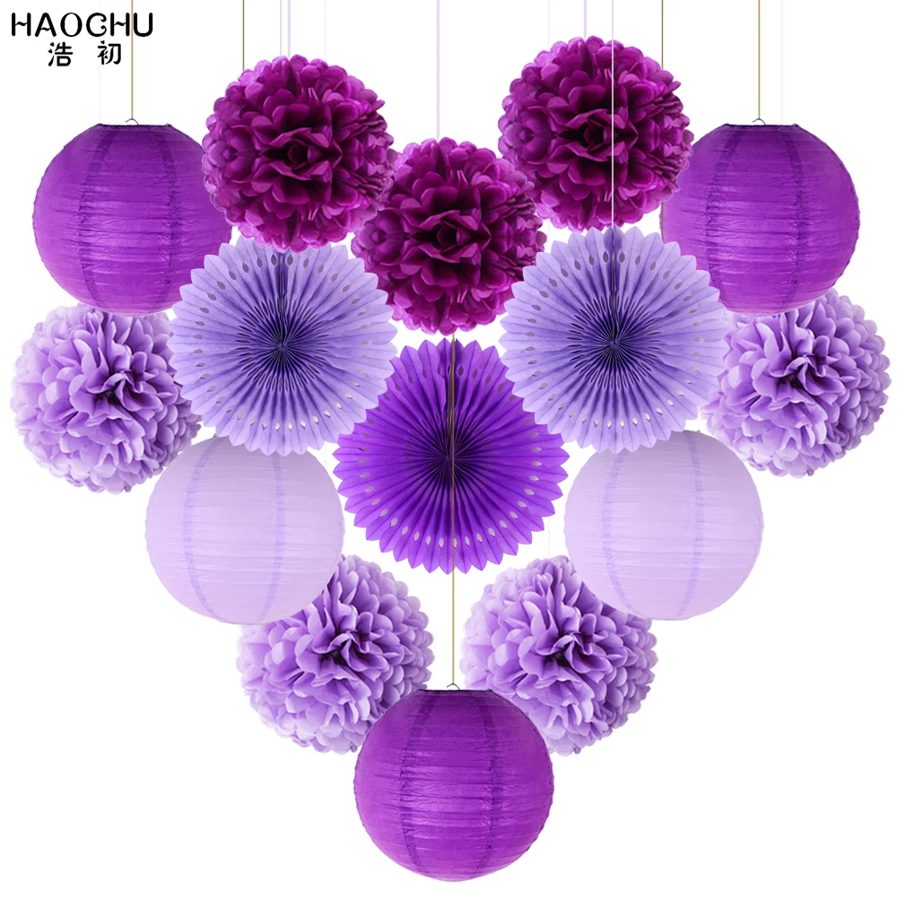 

15pcs/lot Tissue Paper Lantern/Pom Poms Flower/Rosette Fans Birthday Baby Shower Party Wedding Decoration Paper Set Violet Color