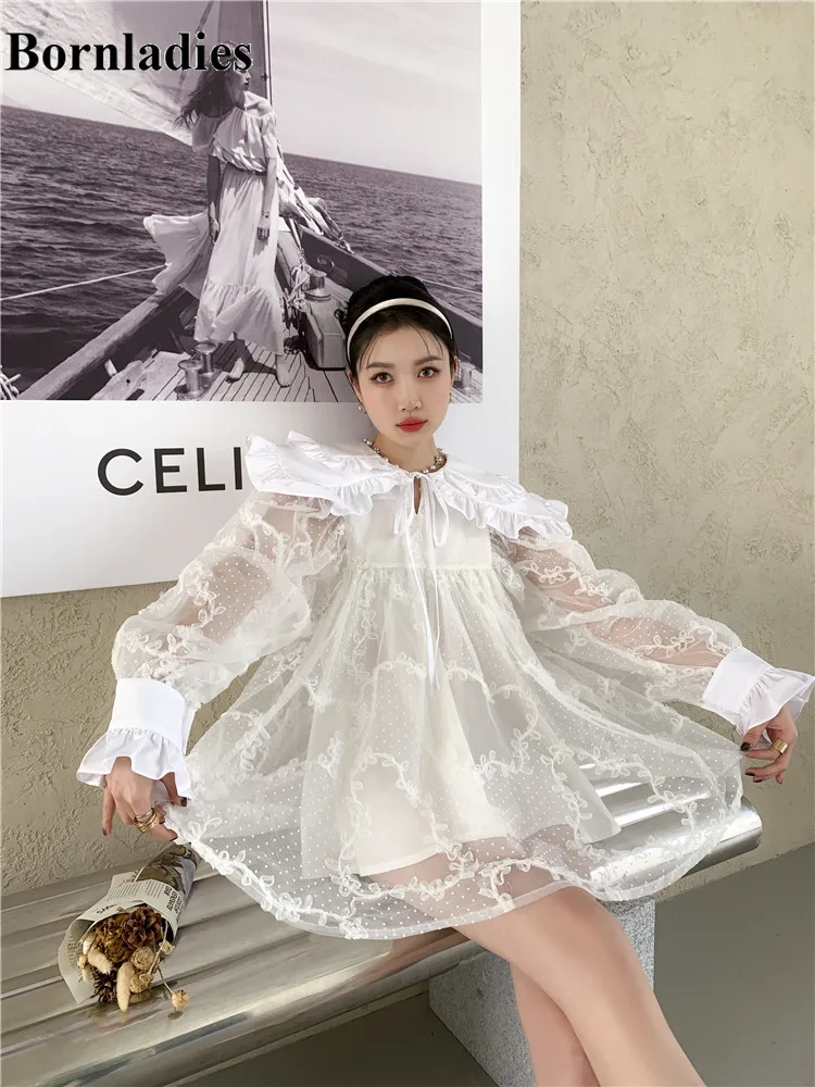 

Bornladies Petal Collar Mesh Ball Gown for Women Lantern Sleeve Mini Cute Dress Long Sleeve Spring 2021 Korean Fashion Clothing