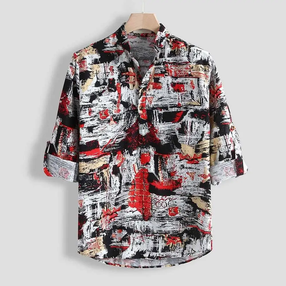 Мужская хлопковая рубашка с длинным рукавом принтом|Повседневные рубашки| |