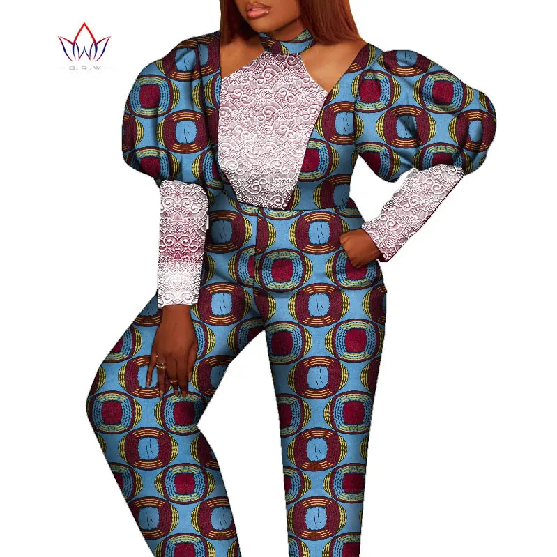 

African Rompers Womens Jumpsuit With Print Sexy Overalls Women romper Elegant Dashiki Pants Plus Size lantern Sleeve 5xl WY221