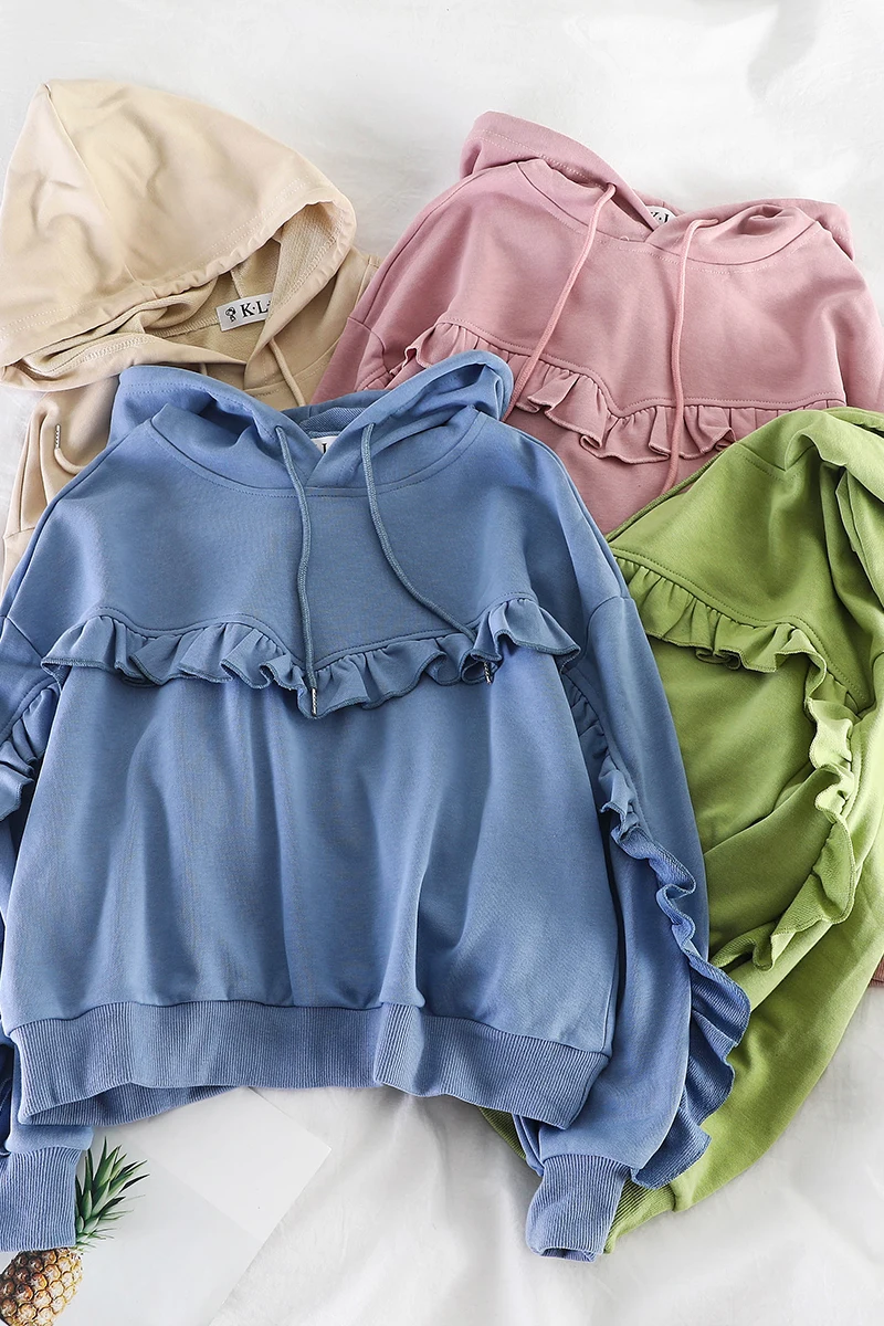 

Sweet student ruffled hooded women's jacket short temperament wild shirt women's clothing