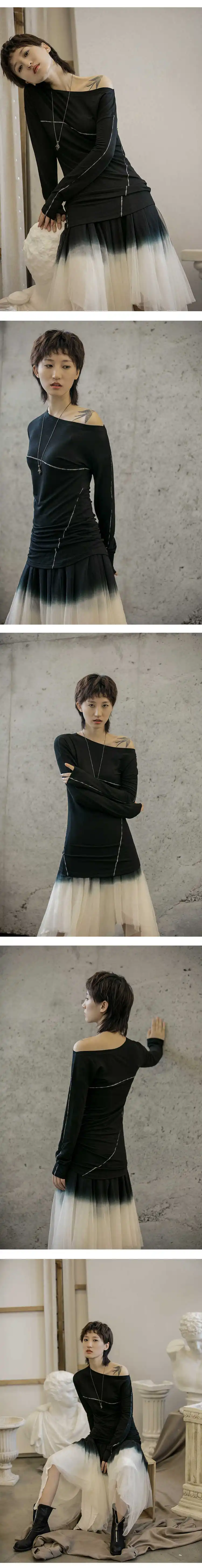 [EAM] Женская черная тонкая короткая полосатая футболка без бретелек, хит цвета, новая модная футболка с длинным рукавом и круглым вырезом, весна-осень, 1B211