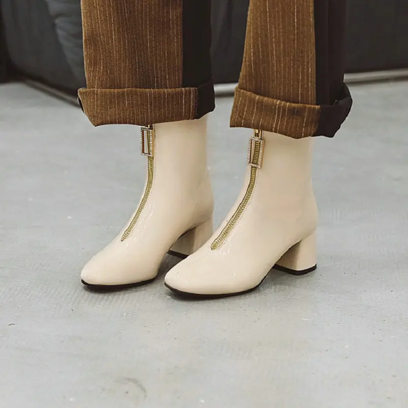 Sianie Tianie patent PU leather 2020 winter woman boots red black zipper front martin square chunky high heels women | Обувь