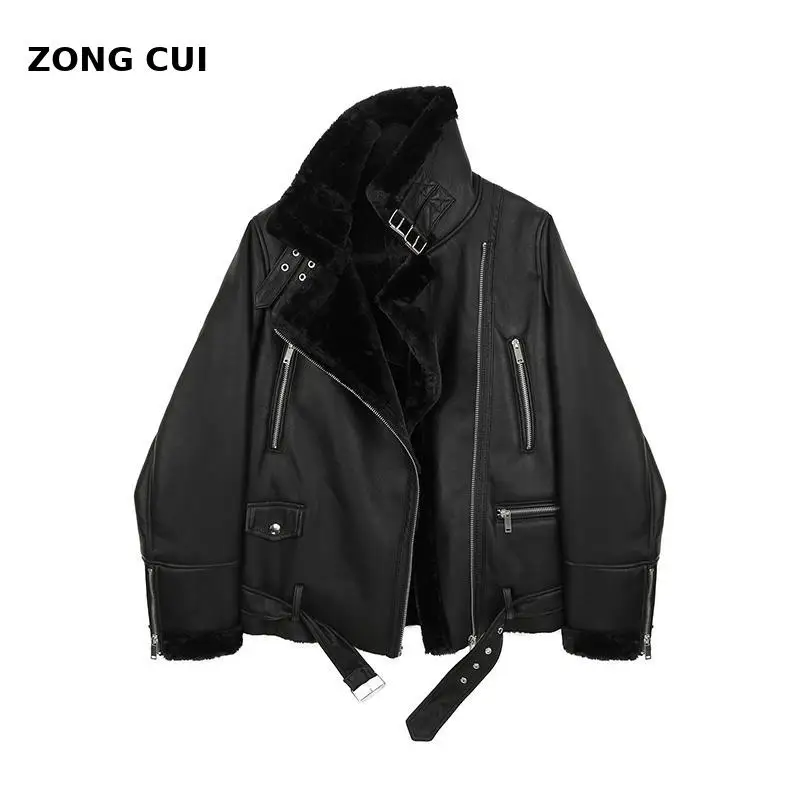 

Za Women Fleece Faux Leather Jacket Winter 2021 Ladies Stand Collar Loose Thick Warm Zipper Black Korean Locomotive Coat Outwear