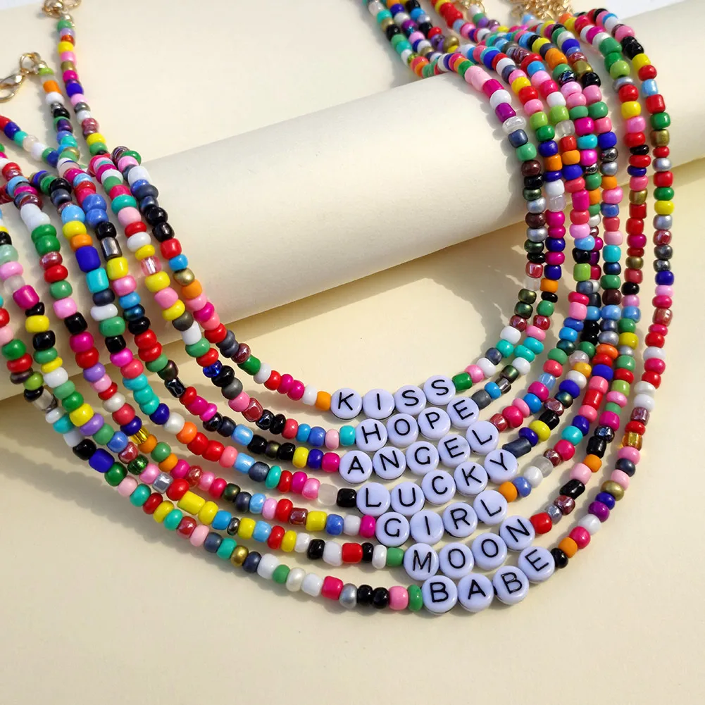 

Fashion Rainbow Color Letter Beads Necklace Mix Colorful Acrylic Seed Bead Choker KISS LUCKY HOPE Letters Necklaces Boho Jewelry