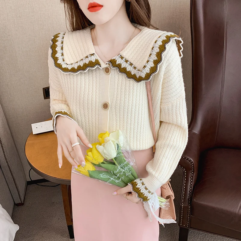 

Новинка 2021, свитер для ранней осени с кукольным воротником, трикотажная рубашка, женский кардиган, куртка, зимний вязаный кардиган